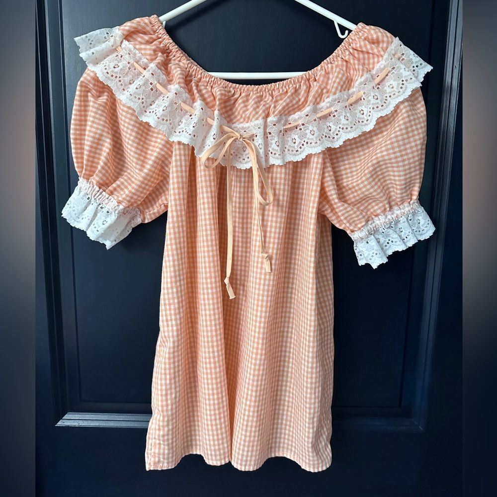 VTG 70s Jeri Bee Peach White Lace Square Dance Peasant Top Puff Short Sleeves L